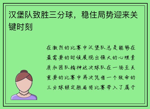 汉堡队致胜三分球，稳住局势迎来关键时刻