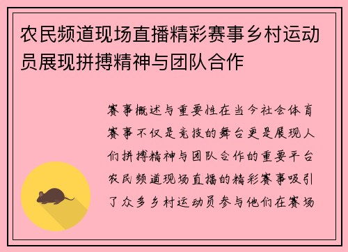 农民频道现场直播精彩赛事乡村运动员展现拼搏精神与团队合作