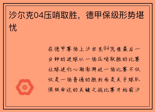 沙尔克04压哨取胜，德甲保级形势堪忧