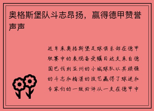 奥格斯堡队斗志昂扬，赢得德甲赞誉声声