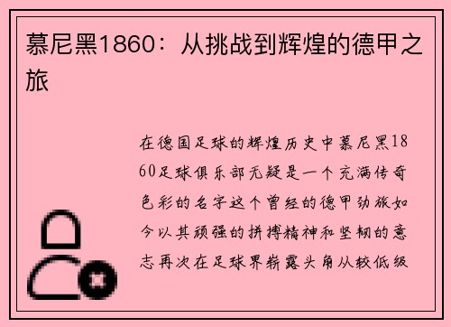 慕尼黑1860：从挑战到辉煌的德甲之旅