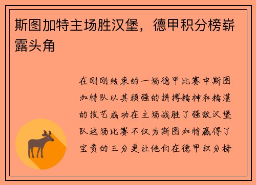 斯图加特主场胜汉堡，德甲积分榜崭露头角